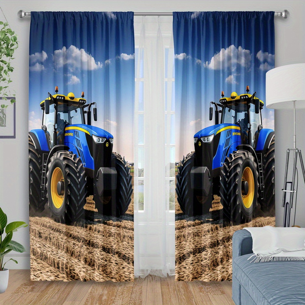 Agriculture Farming For Kids - ผ้าม่านรถแทรกเตอร์สีน้ำเงิน, ผ้าม่านพิมพ์ลายเครื่องจักรกลการเกษตร, ผ้าม่านหน้าต่างยานพาหนะการเกษตร, ของตกแต่งห้องเด็กและห้องนั่งเล่น
