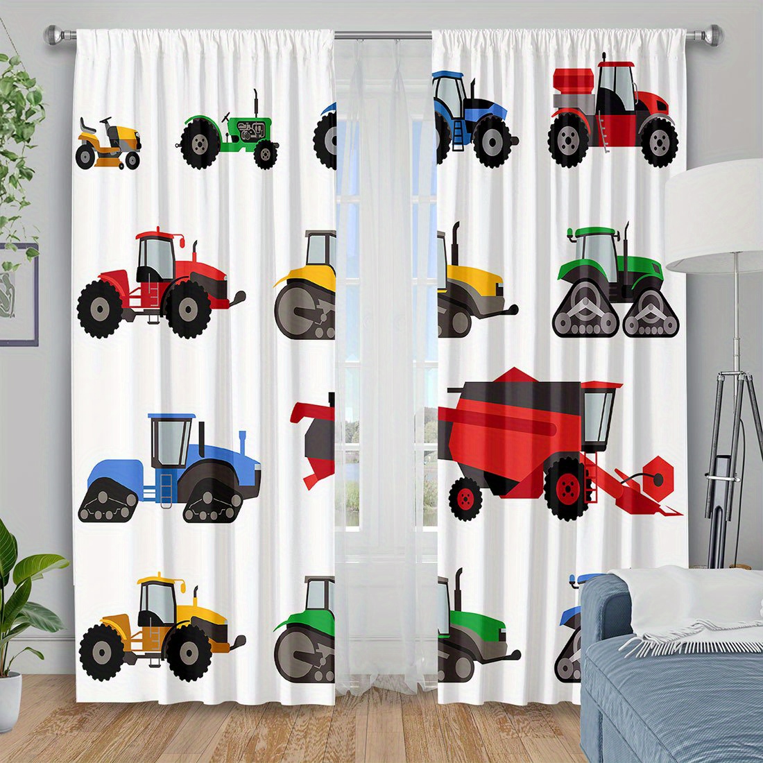 Agriculture Farming For Kids - ผ้าม่านลายรถแทรกเตอร์การ์ตูนสีสันสดใส ลายเครื่องจักรกลการเกษตร ผ้าม่านตกแต่งหน้าต่างสำหรับห้องนอนเด็ก ห้องเรียนอนุบาล และบ้าน