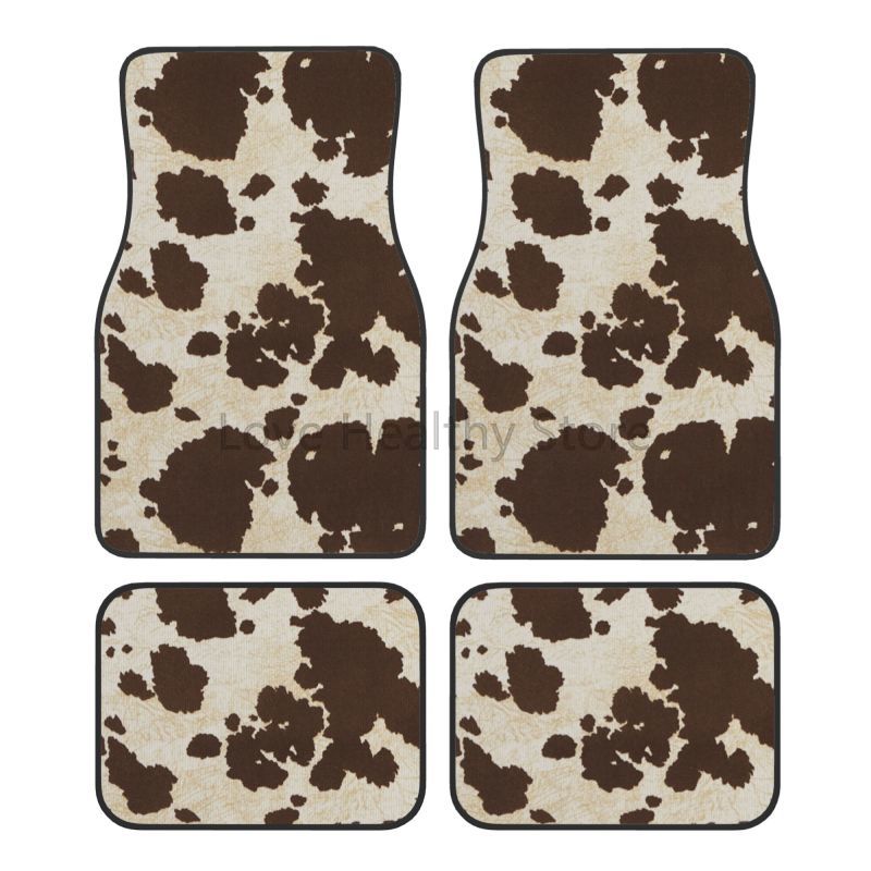 Cow Mat Rubber - วัวพรมปูพื้นรถชุด 4 วัวสีน้ําตาลสัตว์พิมพ์รถด้านหน้าด้านหลังพรมพรมกันลื่นเสื่อเท้าอัตโนมัติ Universal สําหรับรถยนต์ SUV